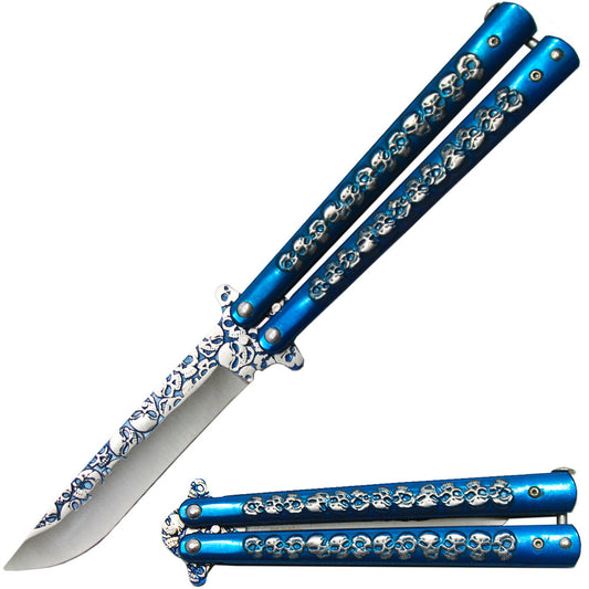 BF 1702-BL 5" Blue Skull Metal Handle Dull Blade Butterfly Trainer