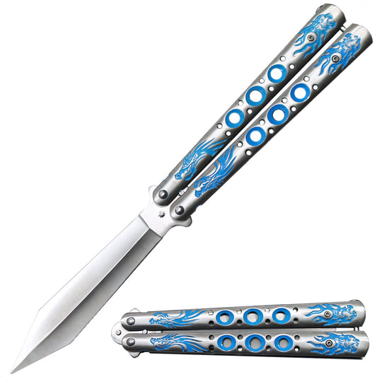 5" Blue Dragon Tiger Head Metal Handle Dull Blade Butterfly Trainer