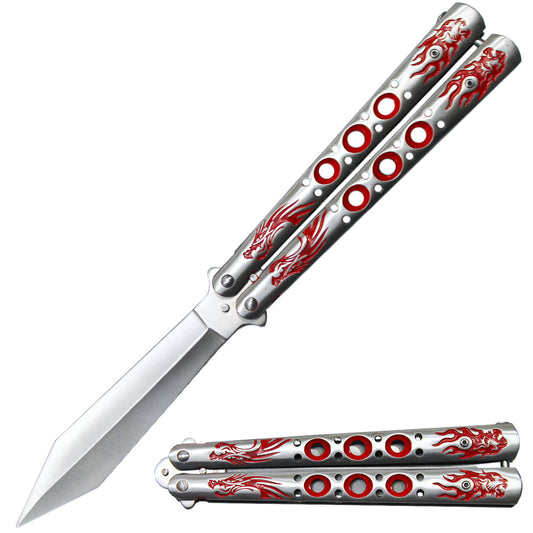 5" Red Dragon Tiger Head Metal Handle Dull Blade Butterfly Trainer