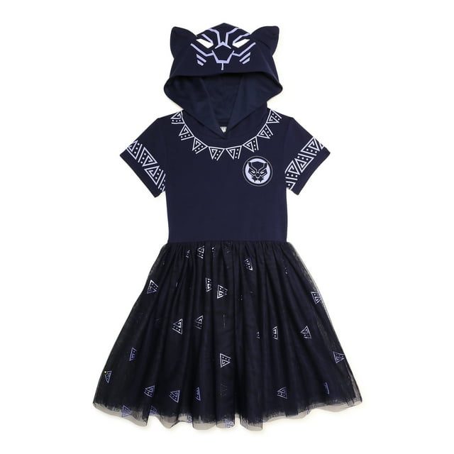 Girls Black Panther Hooded Dress with Short Sleeves - Bladevip