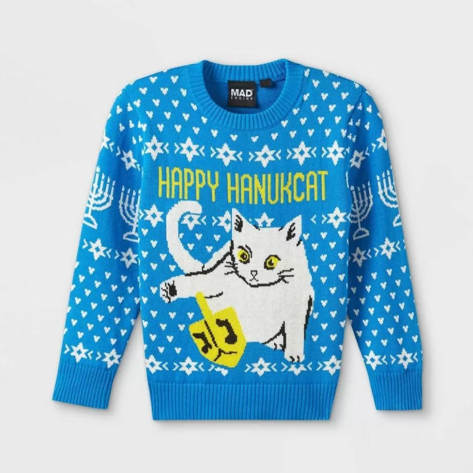 Boys' Blue Toddler Happy Hanukkah Cat Sweater Pullover