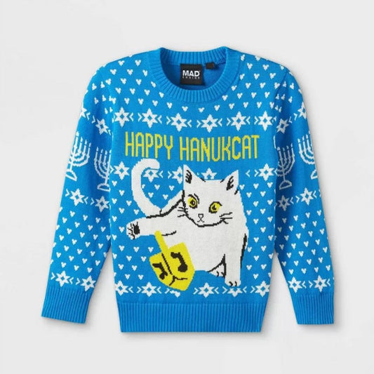 Boys' Blue Toddler Happy Hanukkah Cat Sweater Pullover - Bladevip