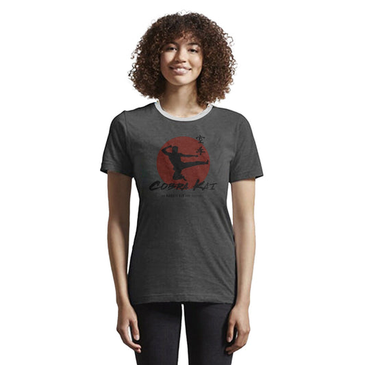 Women Junior's Grey Heather Cobra Kai Ringer Graphic Tee T-Shirt