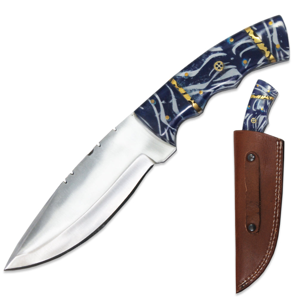 DC 778-BL 10" Deer Creek Blue Acrylic Handle Hunting Knife with Leather Sheath