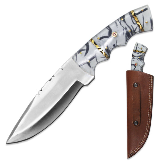 DC 778-EH 10" Deer Creek White Acrylic Handle Hunting Knife with Leather Sheath