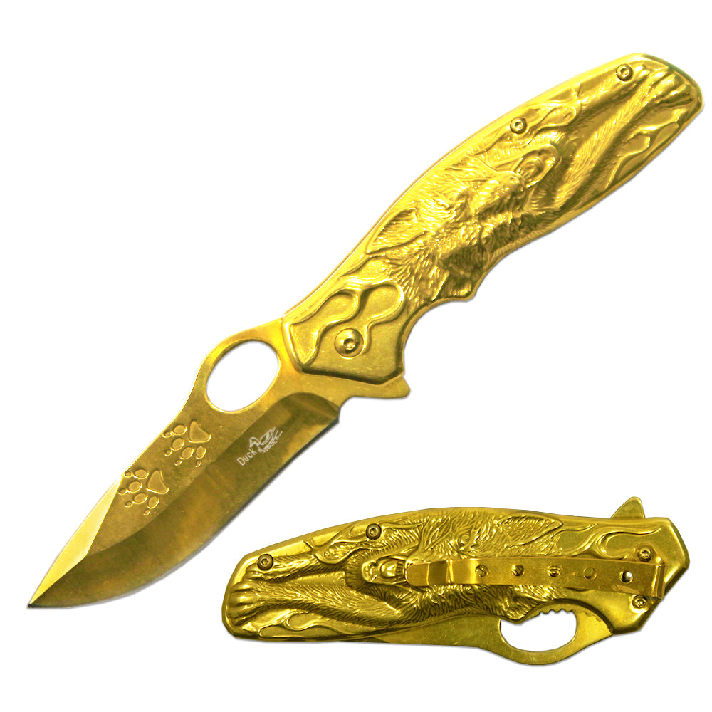 DK 5583-GD 4.5" Heavy Duty Gold Wolf Metal Handle Folding Knife with Belt Clip - Bladevip