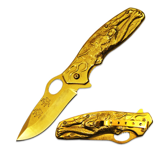 DK 5583-GD 4.5" Heavy Duty Gold Wolf Metal Handle Folding Knife with Belt Clip