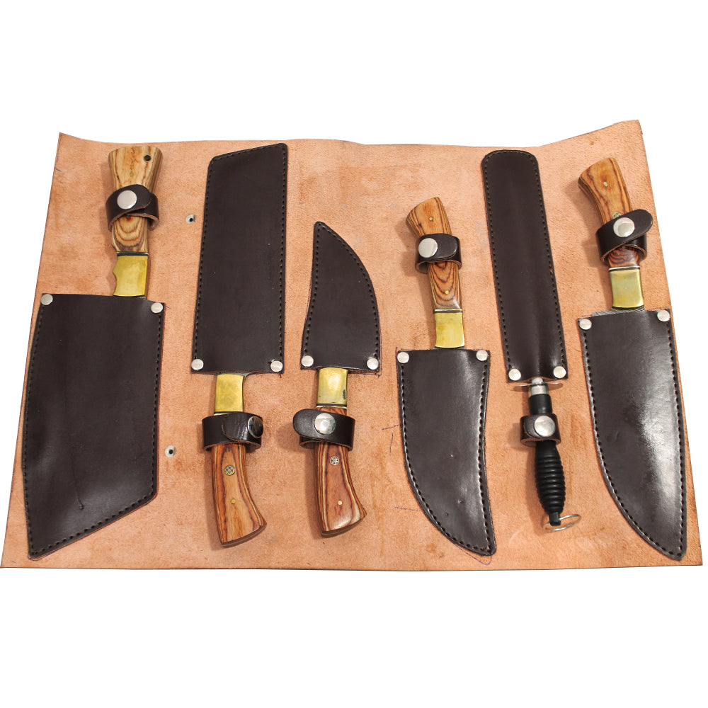 DM 001-5 5 Piece Damascus Kitchen Knife Set with Sharpening Rod & Leather Roll Carrying Case - Bladevip