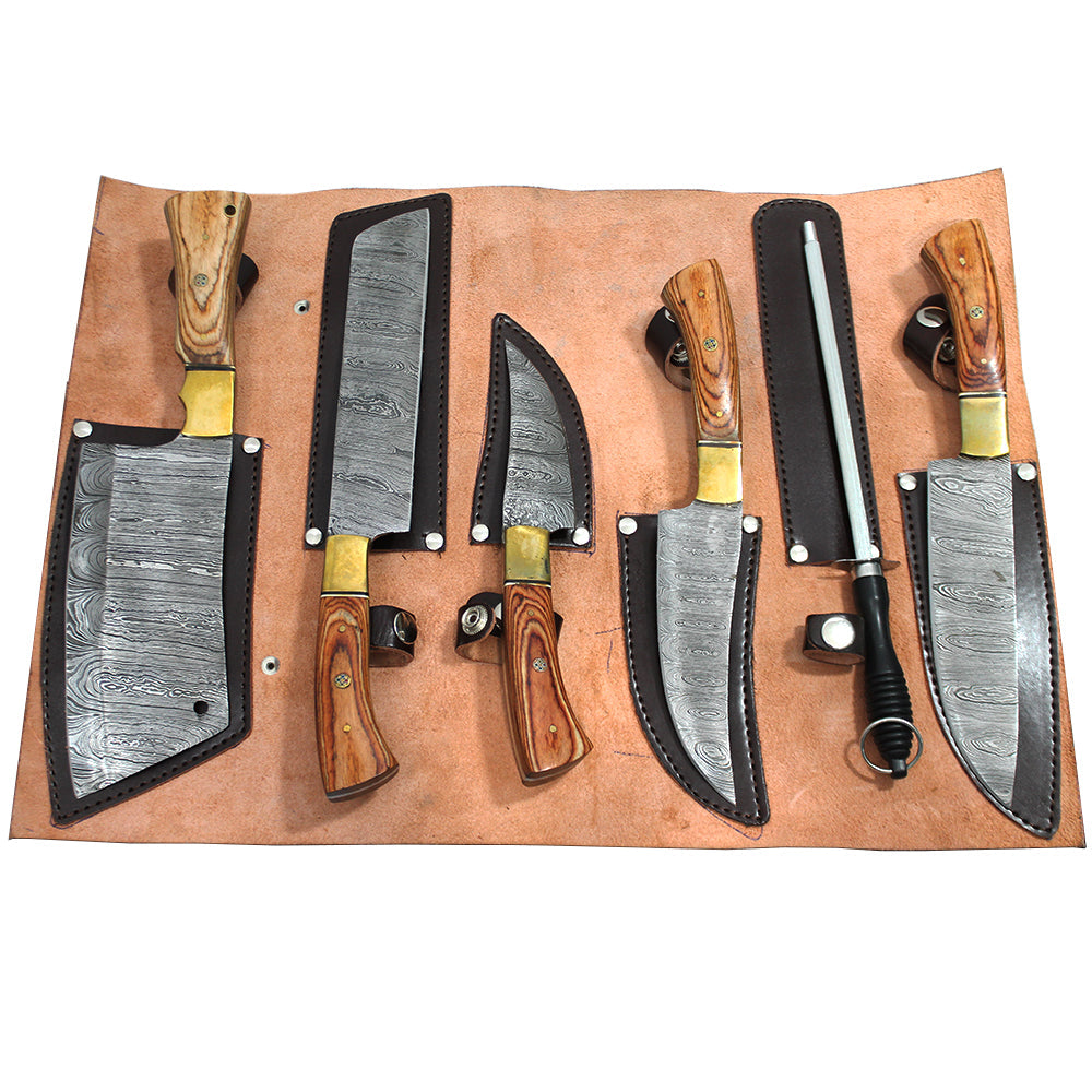 DM 001-5 5 Piece Damascus Kitchen Knife Set with Sharpening Rod & Leather Roll Carrying Case - Bladevip