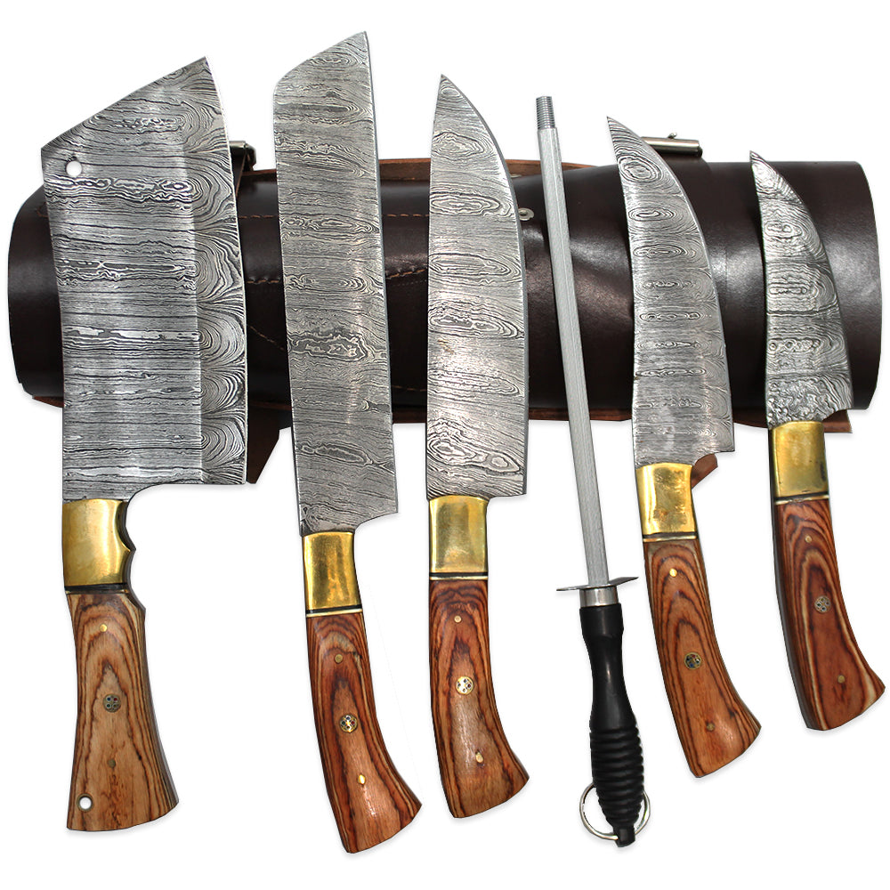 DM 001-5 5 Piece Damascus Kitchen Knife Set with Sharpening Rod & Leather Roll Carrying Case - Bladevip