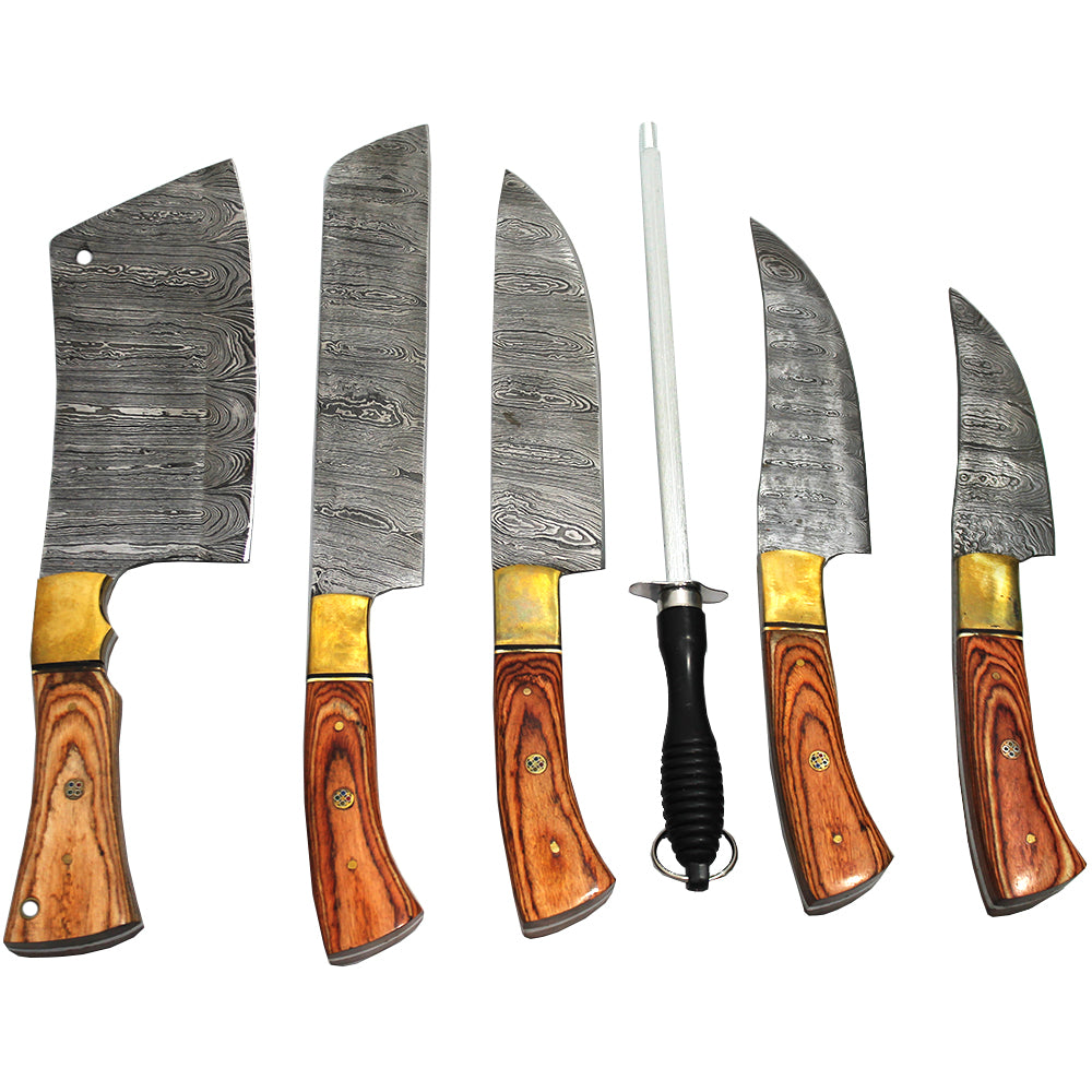 DM 001-5 5 Piece Damascus Kitchen Knife Set with Sharpening Rod & Leather Roll Carrying Case - Bladevip