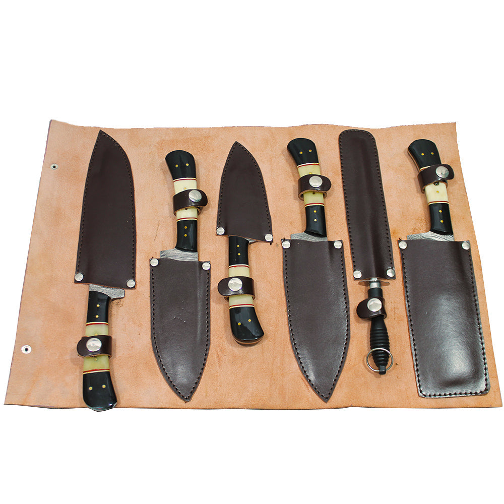 DM 002-5 5 Piece Damascus Kitchen Knife Set with Sharpening Rod & Leather Roll Carrying Case - Bladevip