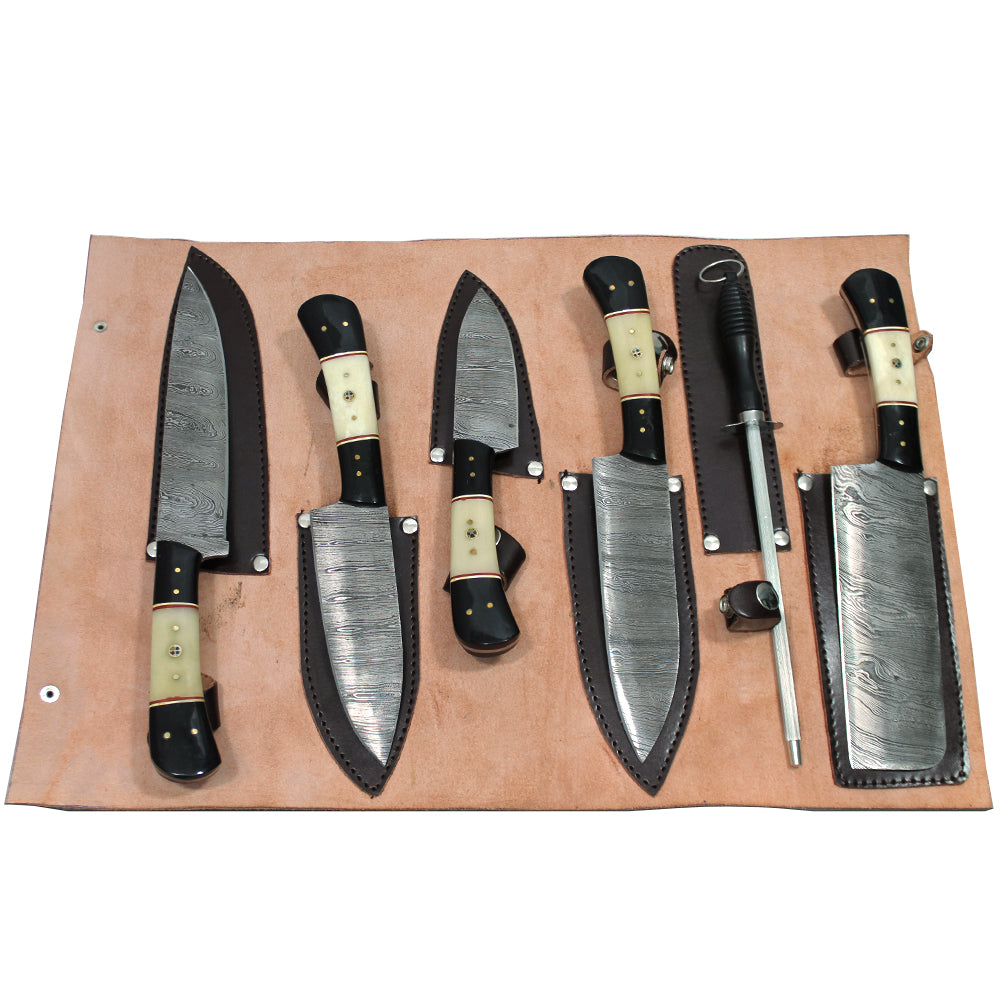 DM 002-5 5 Piece Damascus Kitchen Knife Set with Sharpening Rod & Leather Roll Carrying Case - Bladevip