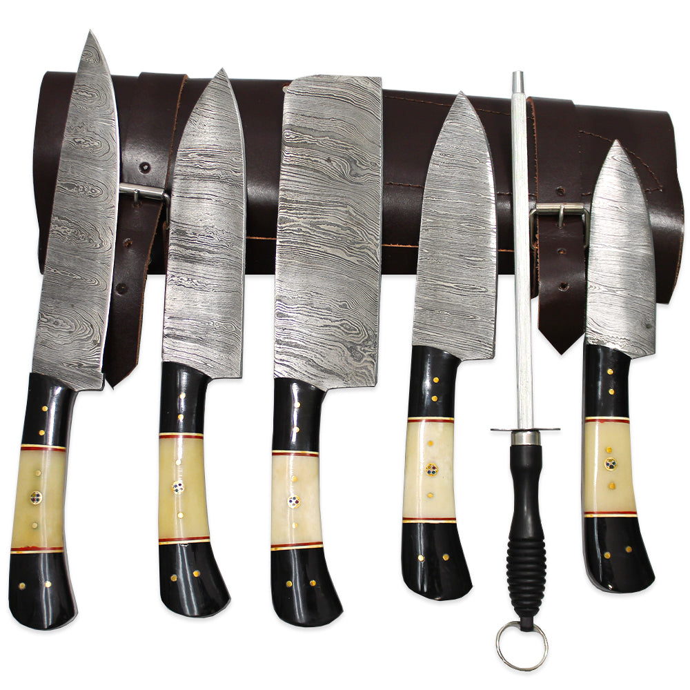 DM 002-5 5 Piece Damascus Kitchen Knife Set with Sharpening Rod & Leather Roll Carrying Case - Bladevip