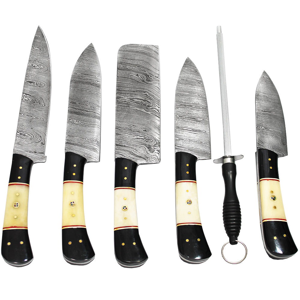 DM 002-5 5 Piece Damascus Kitchen Knife Set with Sharpening Rod & Leather Roll Carrying Case - Bladevip