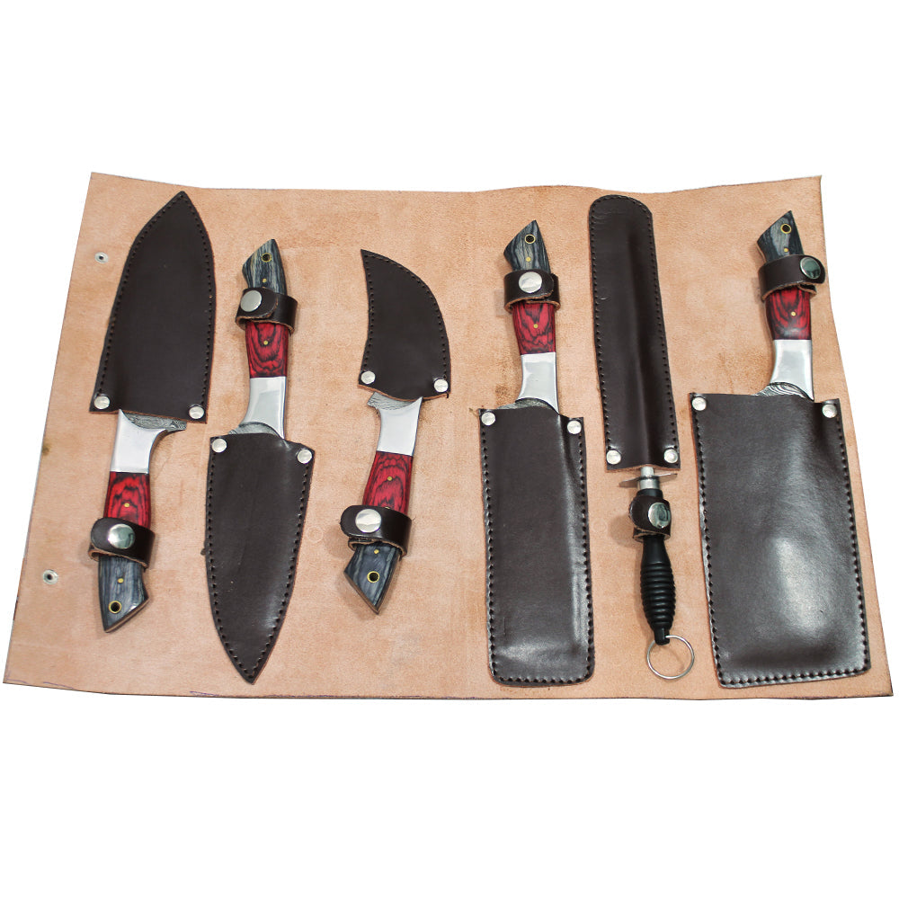 DM 003-5 5 Piece Damascus Kitchen Knife Set with Sharpening Rod & Leather Roll Carrying Case - Bladevip