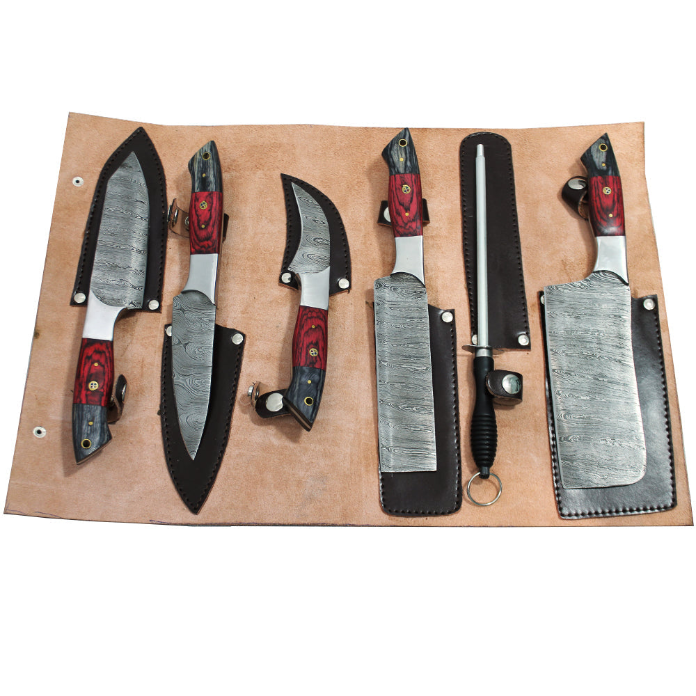 DM 003-5 5 Piece Damascus Kitchen Knife Set with Sharpening Rod & Leather Roll Carrying Case - Bladevip