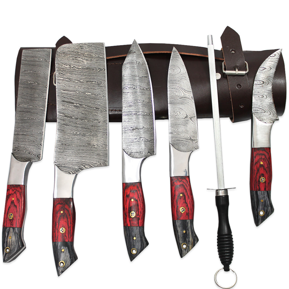 DM 003-5 5 Piece Damascus Kitchen Knife Set with Sharpening Rod & Leather Roll Carrying Case - Bladevip