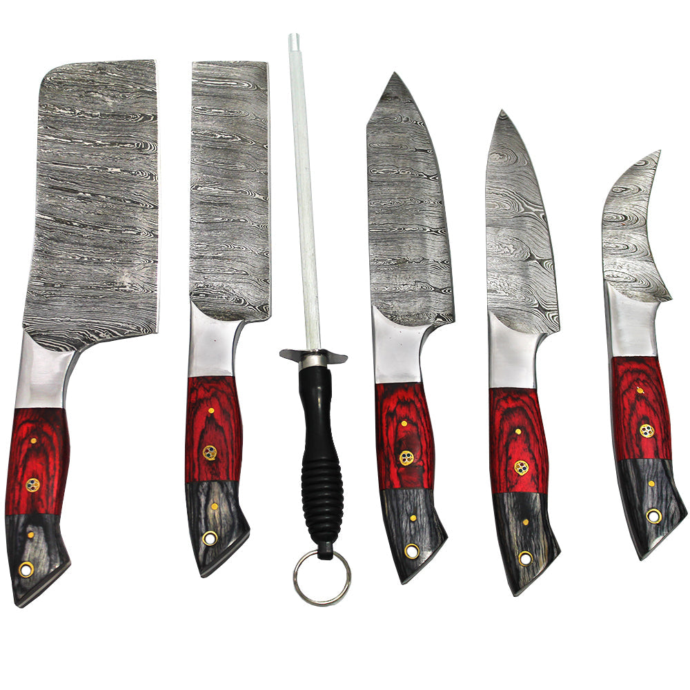 DM 003-5 5 Piece Damascus Kitchen Knife Set with Sharpening Rod & Leather Roll Carrying Case - Bladevip