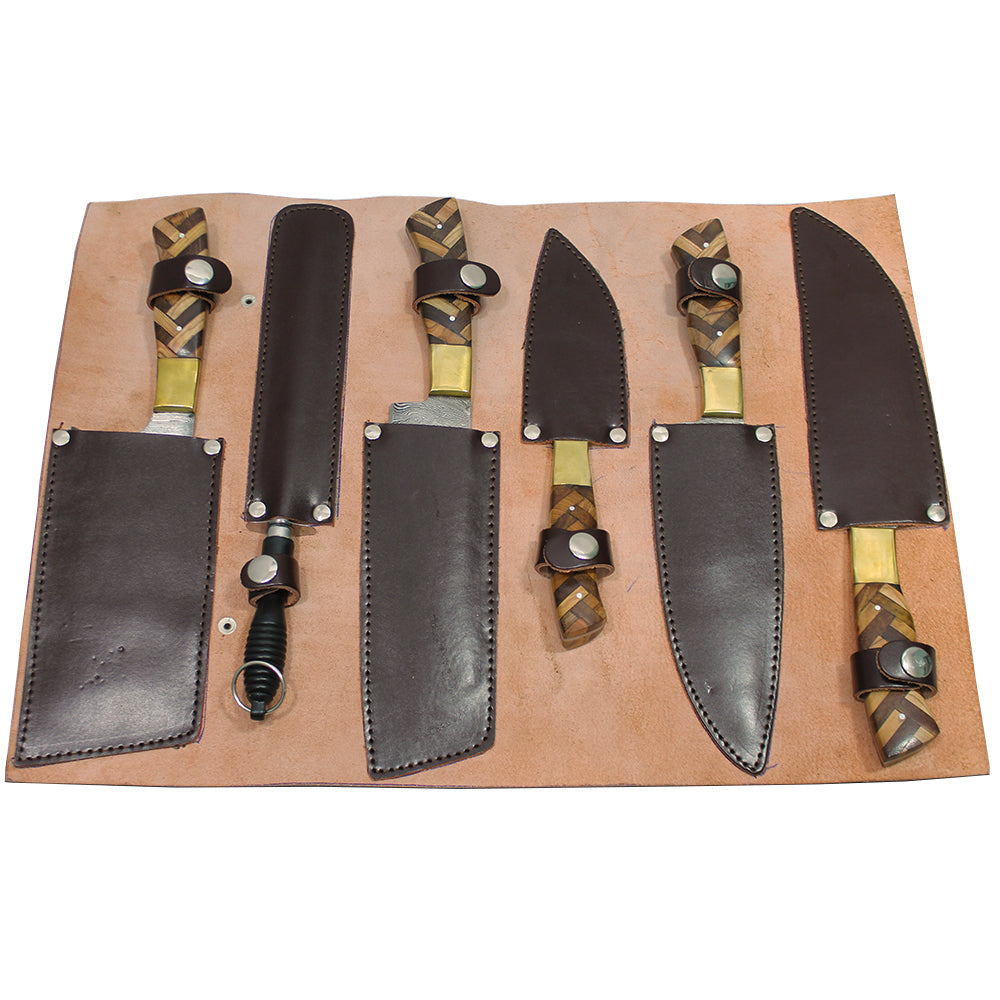 DM 004-5 5 Piece Damascus Kitchen Knife Set with Sharpening Rod & Leather Roll Carrying Case - Bladevip