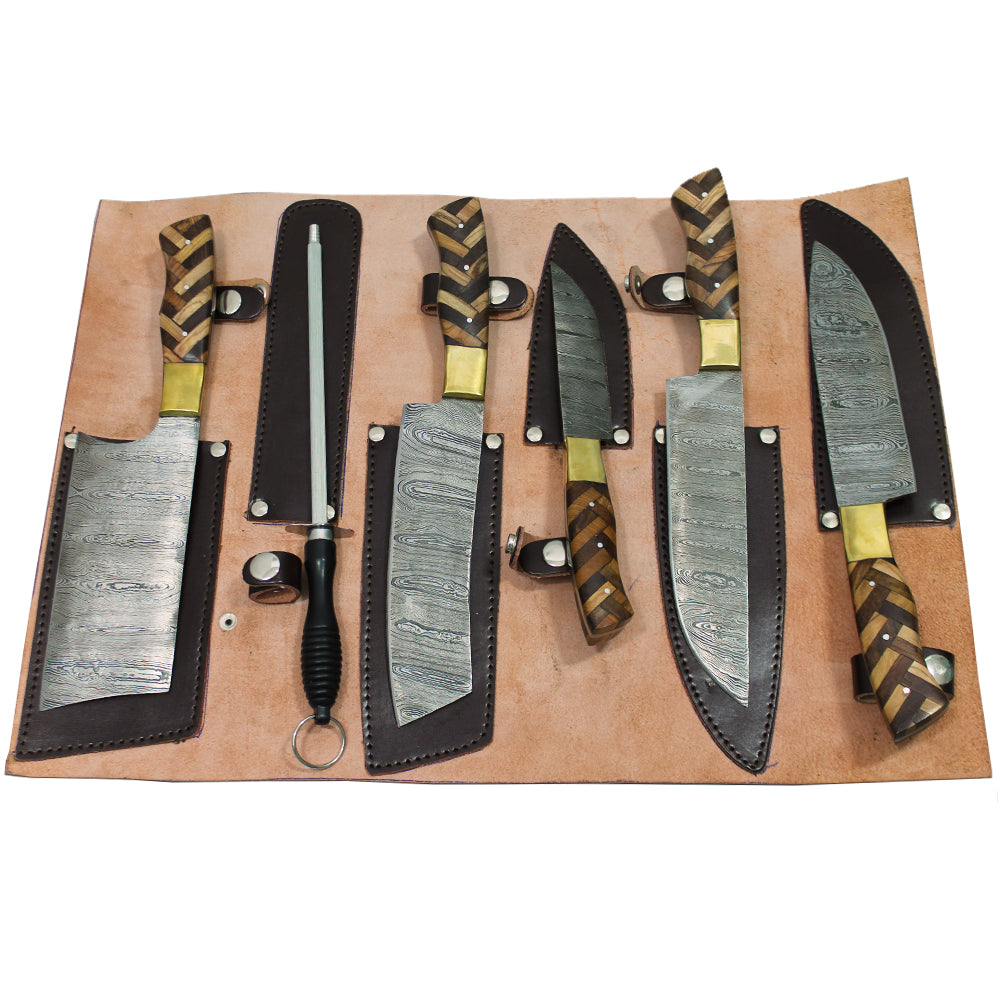 DM 004-5 5 Piece Damascus Kitchen Knife Set with Sharpening Rod & Leather Roll Carrying Case - Bladevip