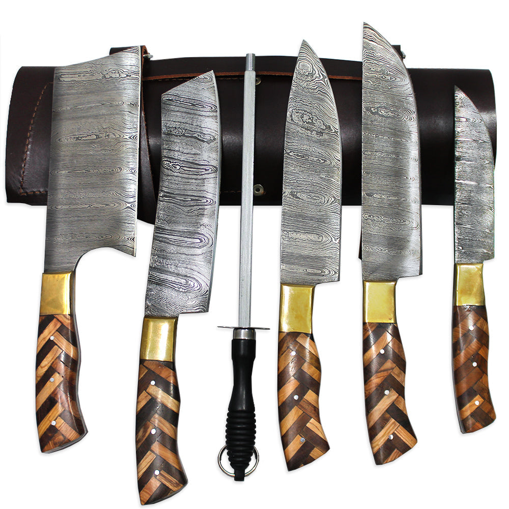 DM 004-5 5 Piece Damascus Kitchen Knife Set with Sharpening Rod & Leather Roll Carrying Case - Bladevip