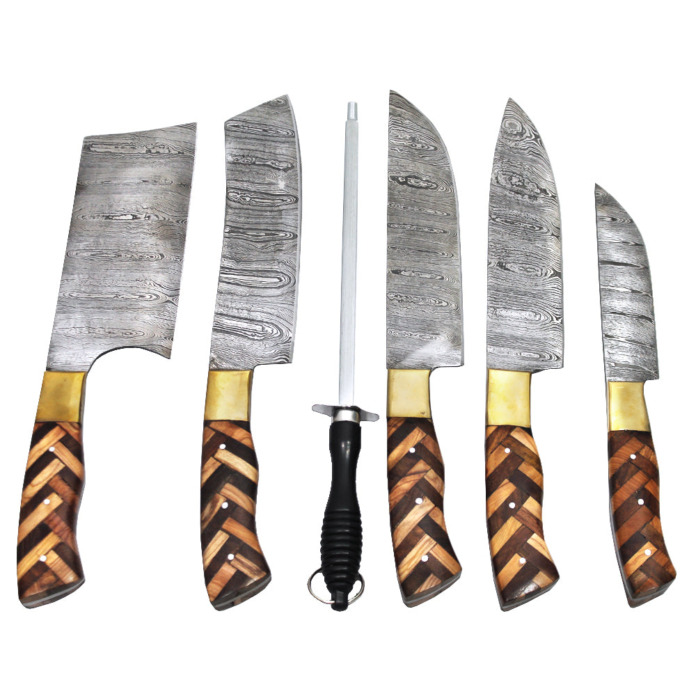 DM 004-5 5 Piece Damascus Kitchen Knife Set with Sharpening Rod & Leather Roll Carrying Case - Bladevip