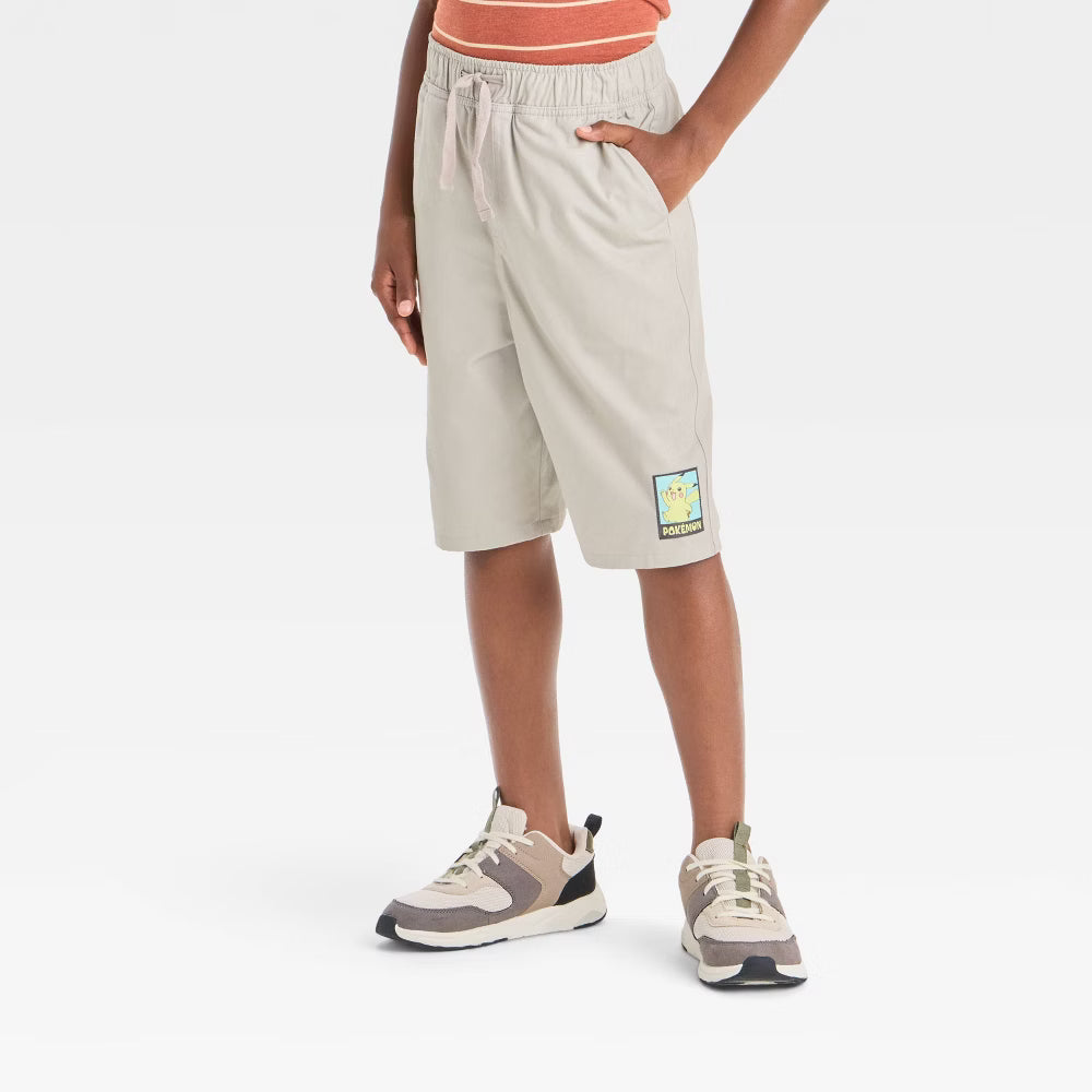 Boys Pokemon Pikachu Casual Woven Khaki Pull-On Shorts with Pockets