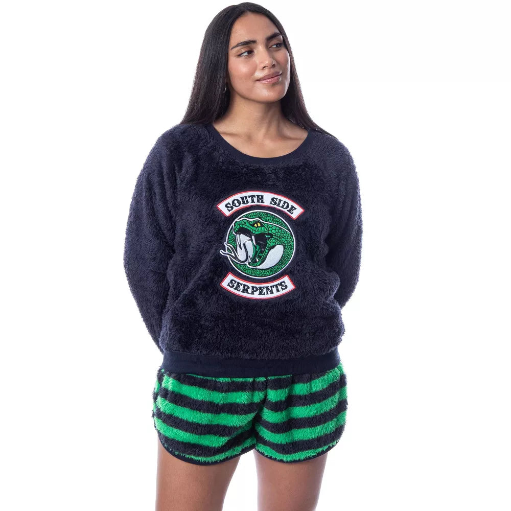 Riverdale Conjunto de pijama para dormir con suéter y pantalones cortos Southside Serpents para mujer, color negro