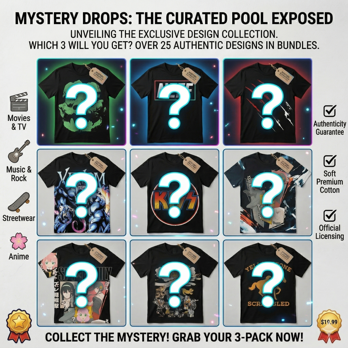Men’s Authentic Licensed Graphic Tee 3-Pack (Mystery Overstock)
