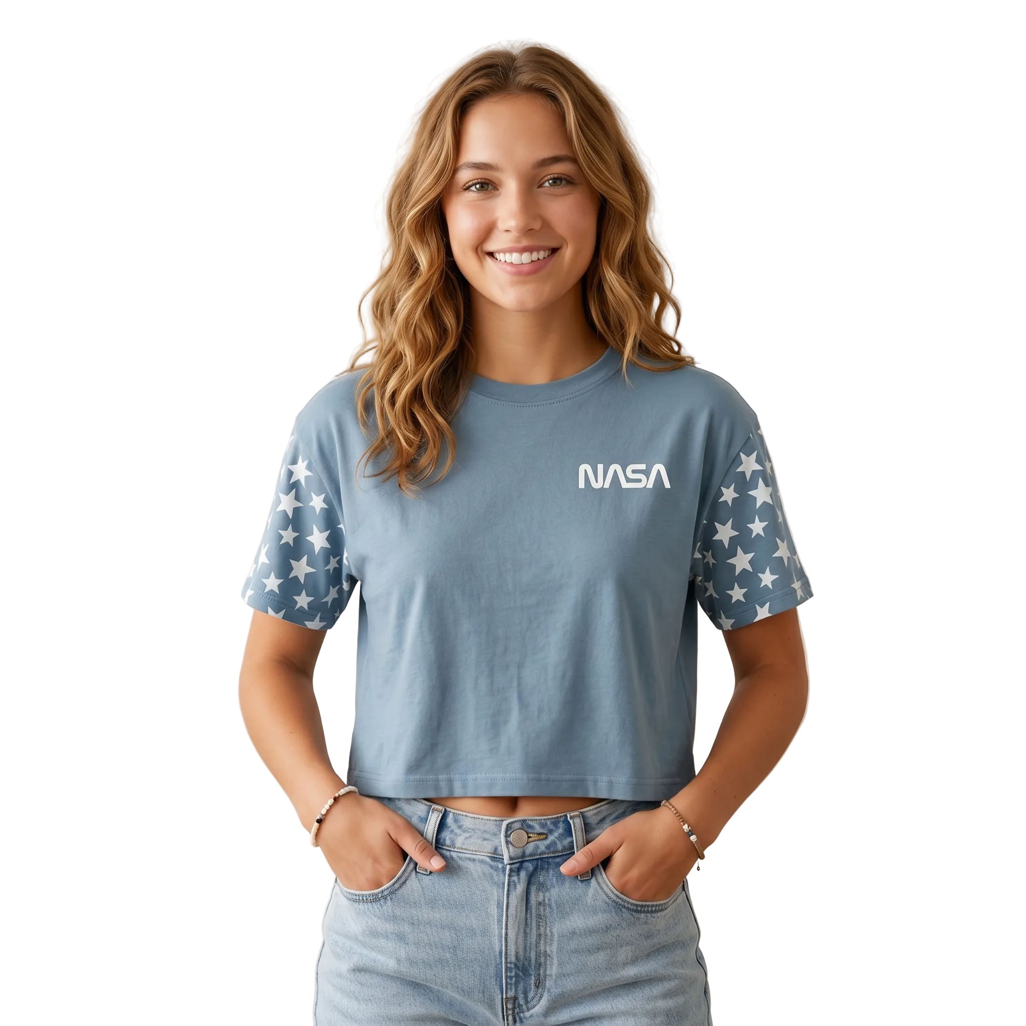 Women Junior's Light Blue NASA Stars Crop Top T-Shirt