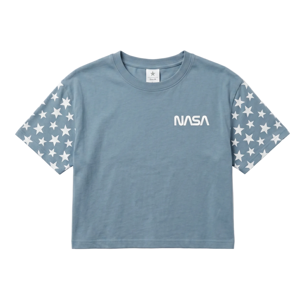 Women Junior's Light Blue NASA Stars Crop Top T-Shirt - view 2