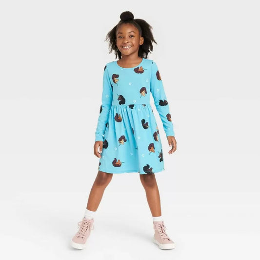 Girls' Aqua Blu Afro Unicorn Long Sleeve Skater Dress - Bladevip