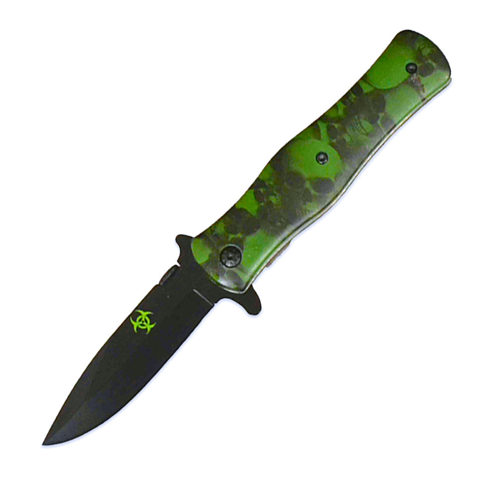 4.5" AOP Skull Green Assist-Open Folding Knife - Bladevip