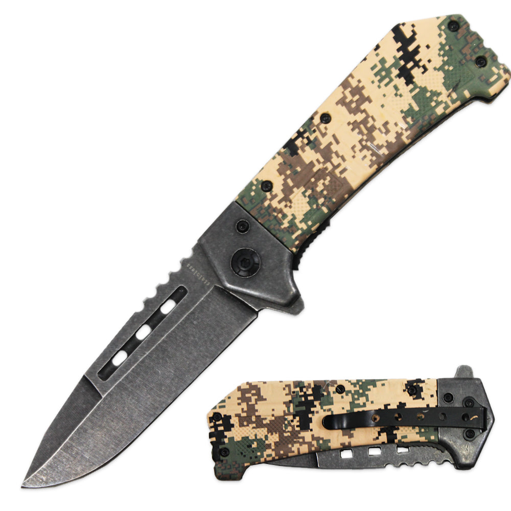 KN 1669-DG1 4.5" Camouflage Handle Assist-Open Folding Knife with Belt Clip - Bladevip