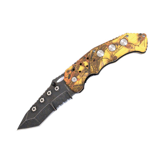 KN 1714-2 4.5" Yellow & Brown Tree Camo Heavy Duty Assist-Open Folding Knife with Belt Clip