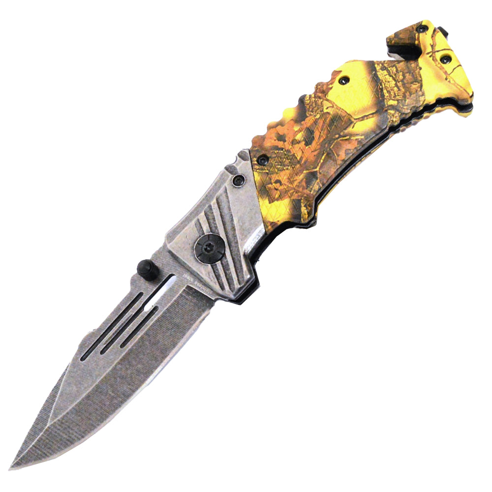 KN 1715-2 4.5" Yellow Fall Camo Assist-Open Tactical Rescue Folding Knife - Bladevip