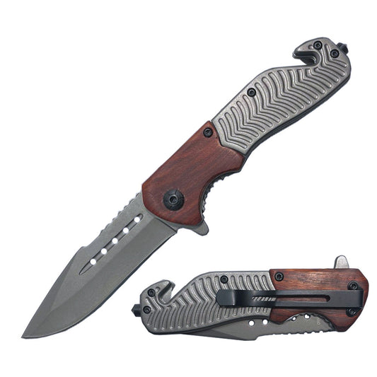 KN 1721 4.5" Metal & Wood Handle Assist-Open Tactical Folding Knife