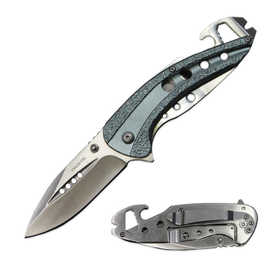 KN 1734-GR 4.25" Grey Metal Handle Assist-Open Folding Knife with Wrench & Bottle Opener (Copy) - Bladevip