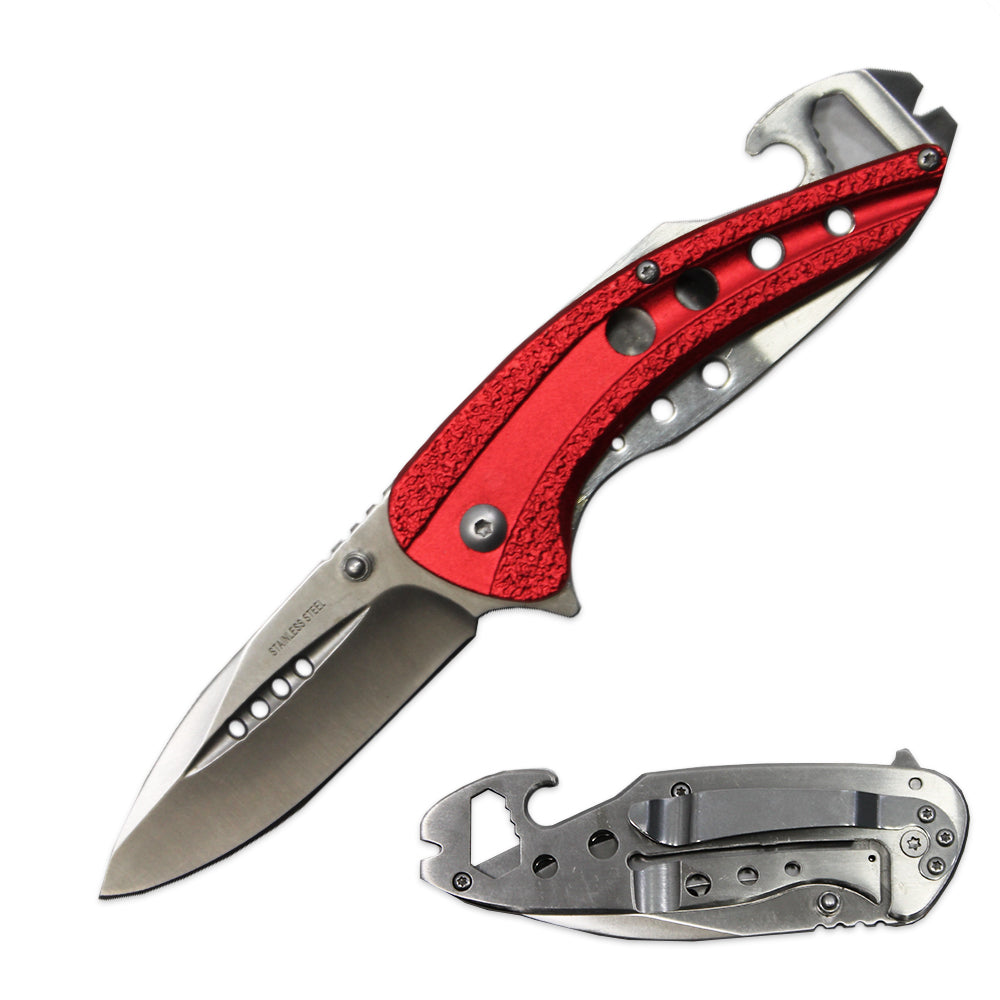 KN 1734-RD 4.25" Red Metal Handle Assist-Open Folding Knife with Wrench & Bottle Opener - Bladevip