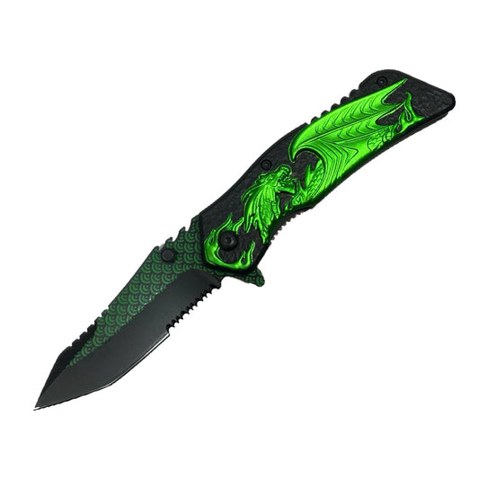 KN 1746-GN 4.5" Green Dragon Handle Assist-Open Folding Knife with Belt Clip