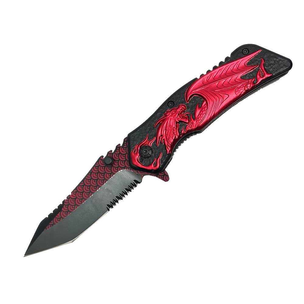 KN 1746-RD 4.5" Red Dragon Handle Assist-Open Folding Knife with Belt Clip