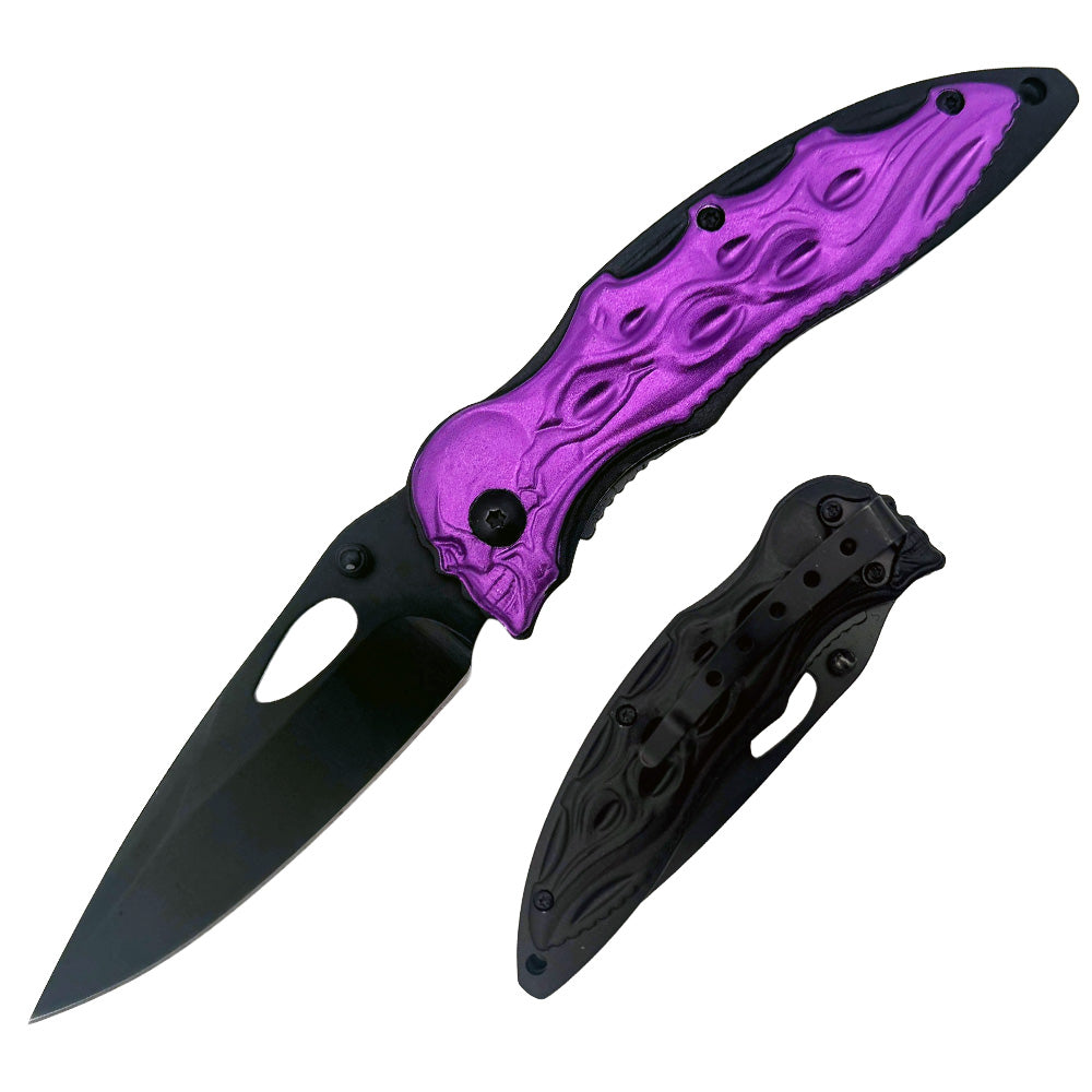 KN 1813-PP 4.5 inch Purple 3D Skull Outdoor Camping Tool Multifunctional Fruit Folding Knife with Belt Clip