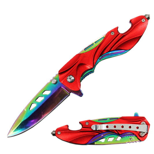 KN 1849-RD 4.5" Red Metal Handle Assist-Open Folding Knife with Bottle Opener & Glass Breaker - Bladevip