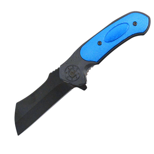 KN 1851-BL 5" Blue Handle Cleaver Blade Assist-Open Folding Knife with Belt Clip