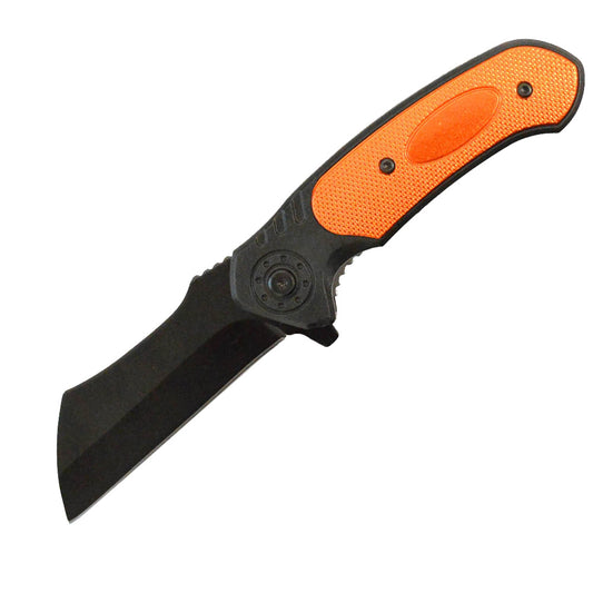 KN 1851-OR 5" Orange Handle Cleaver Blade Assist-Open Folding Knife with Belt Clip