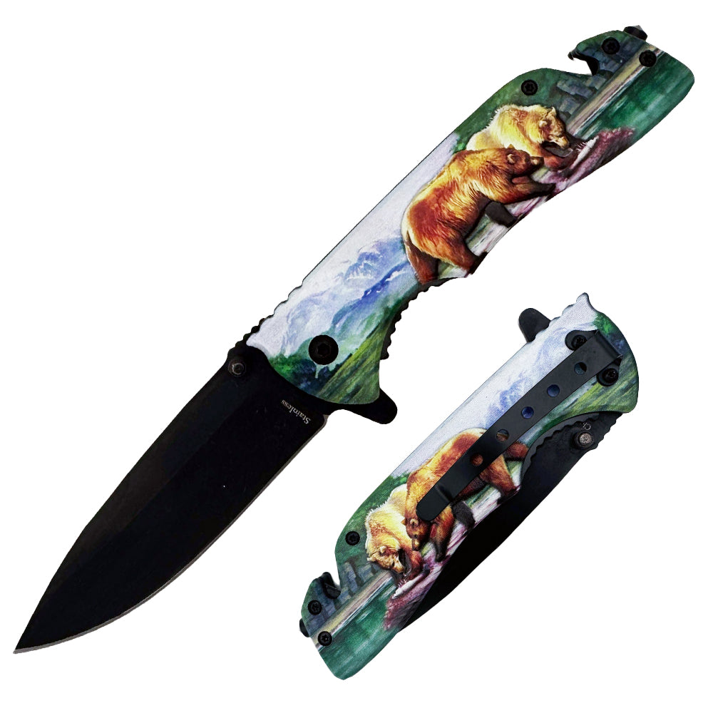 KN 1858-B 4.5 inch Bear Wildlife 3D Rescue Outdoor Camping Tool Multifunctional Fruit Folding Knife with Belt