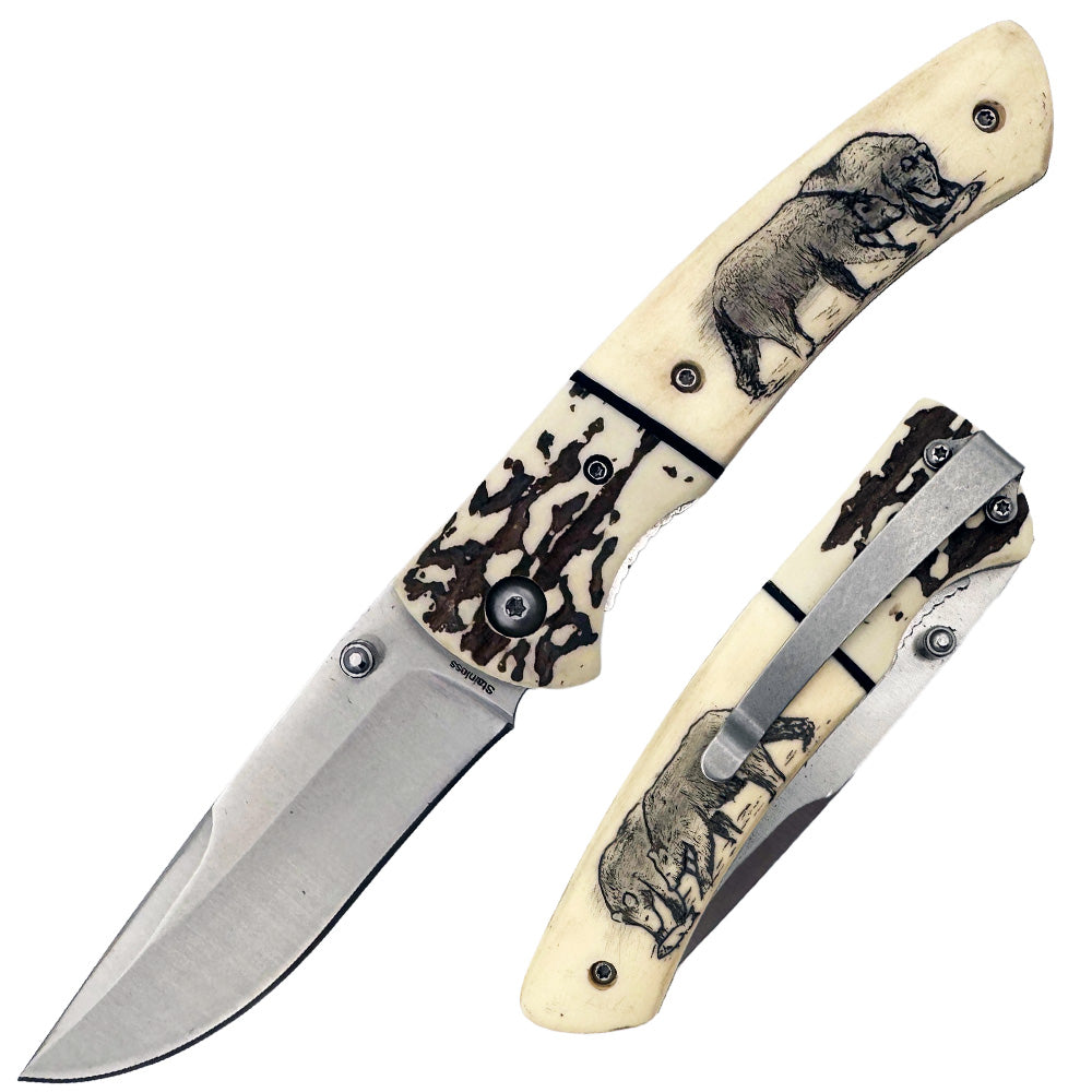 KN 1859-B 4.25 inch Sketch Wildlife Bear Folding Knife with Belt Clip