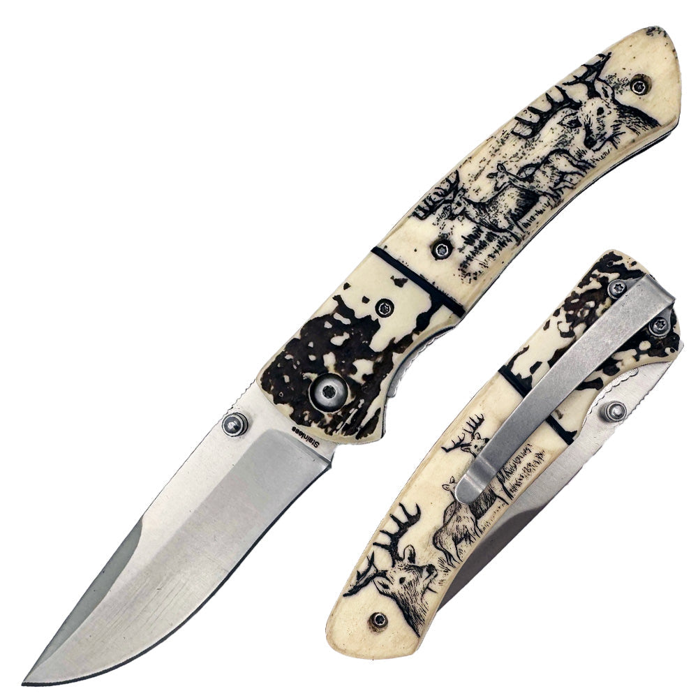 KN 1859-D 4.25 inch Sketch Wildlife Dear Folding Knife with Belt Clip