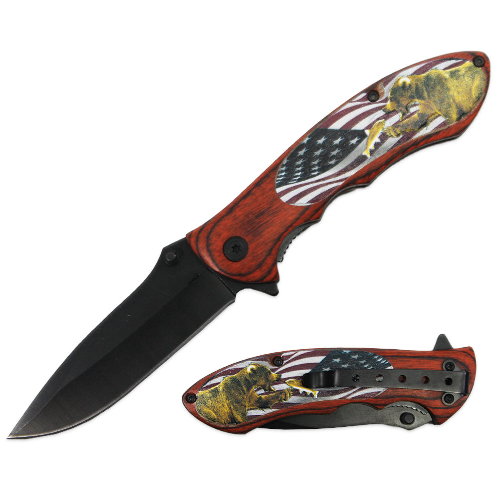 KN 1911-USB 4.5" USA Flag Wildlife Bear Assist-Open Folding Knife with Belt Clip - Bladevip